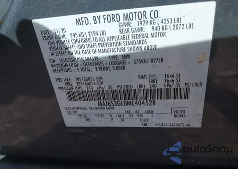 2021 Ford Ecosport Se z USA, uszkodzony, nr VIN MAJ6S3GL0MC404528